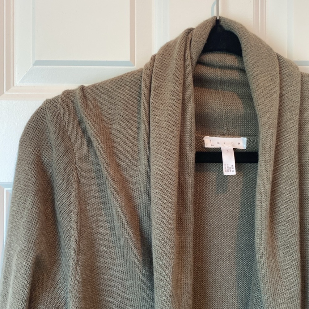 Leith Long Open  Front Roll Collar Cardigan Sweater - Army Green -‎ Size Small - Picture 2 of 5